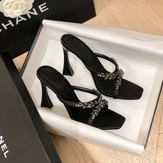 High Heel Slide Sandals Criss Rhinestone Cross