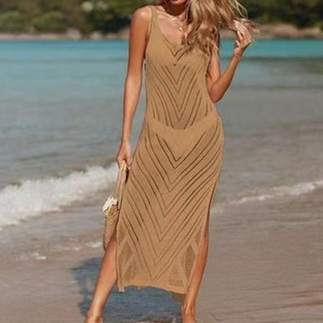 Knit Maxi Dress with U-Neck Sleeveless Silhouette