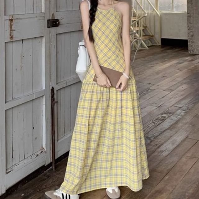 Plaid Halter Neck A-Line Maxi Dress
