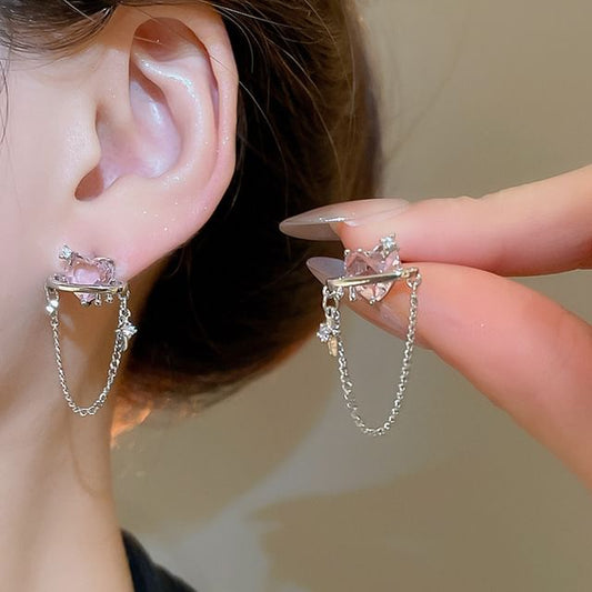 Chain Earring Heart Stud