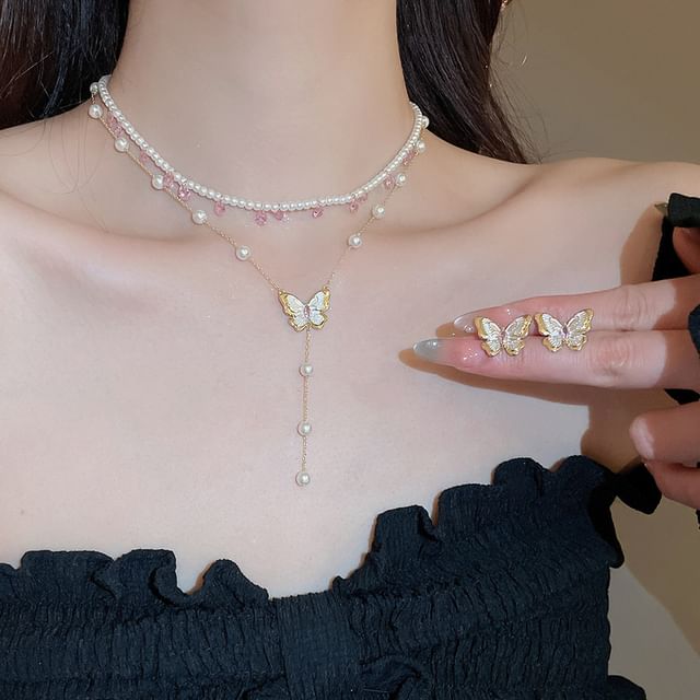 Necklace Layered / Stud Earring Faux Pearl Butterfly