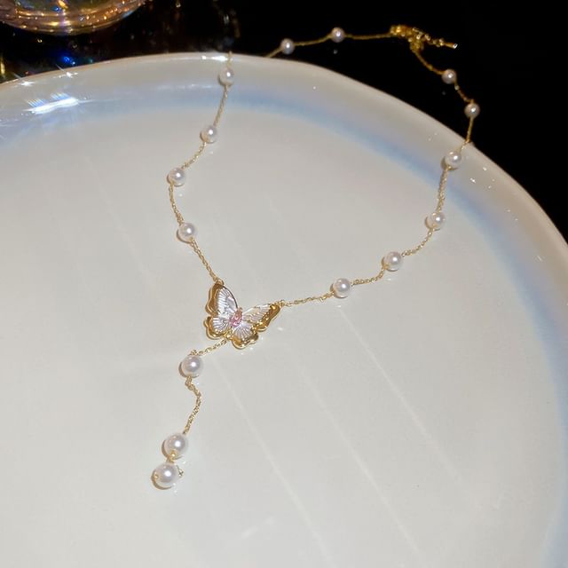 Necklace Layered / Stud Earring Faux Pearl Butterfly
