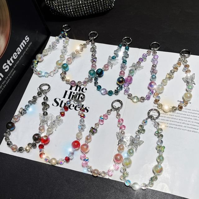 Faux Crystal Beaded Wrist Strap Phone Butterfly