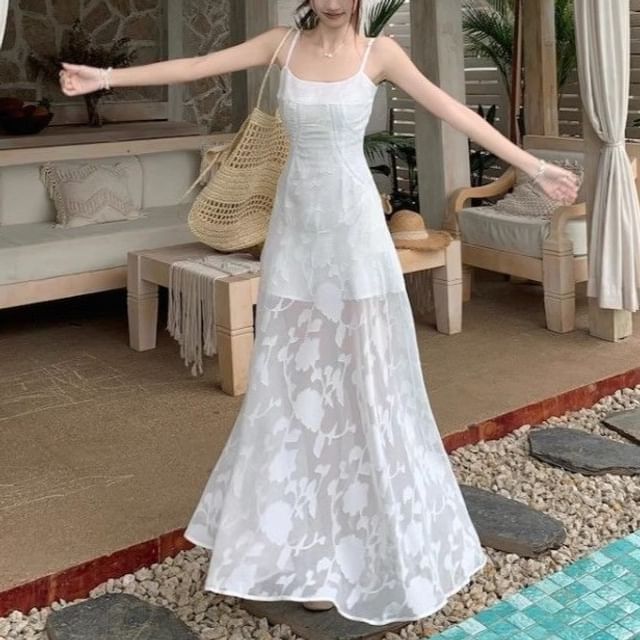 Jacquard Spaghetti Strap A-Line Maxi Dress