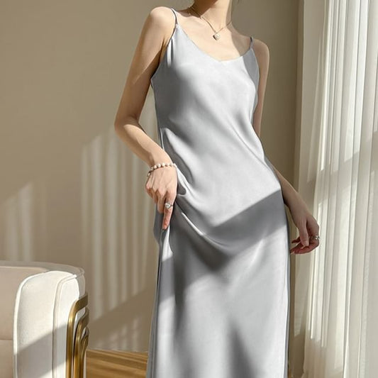 A-Line Satin V-Neck Dress Midi Plain Spaghetti Strap