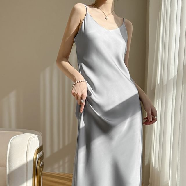 Plain Dress V-Neck Satin Spaghetti A-Line Midi Strap