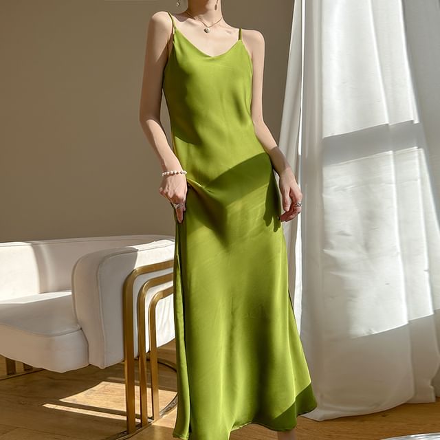 A-Line Satin V-Neck Dress Midi Plain Spaghetti Strap
