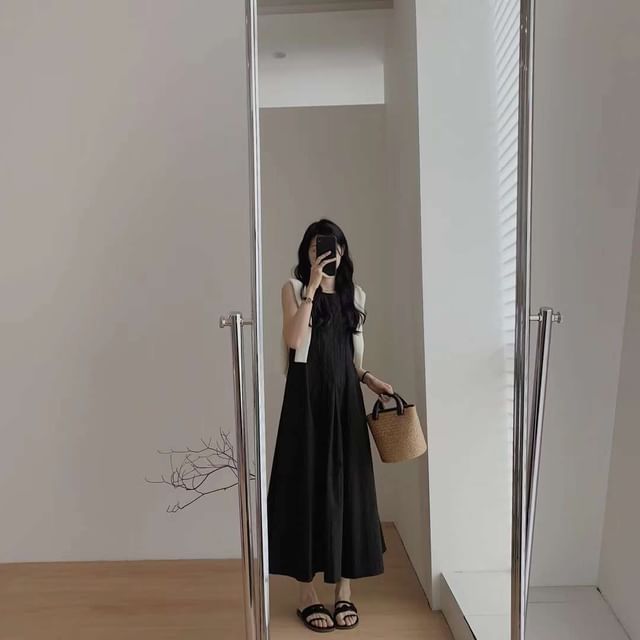 Dress Pleated Sleeveless Crew A-Line Plain Neck Midi