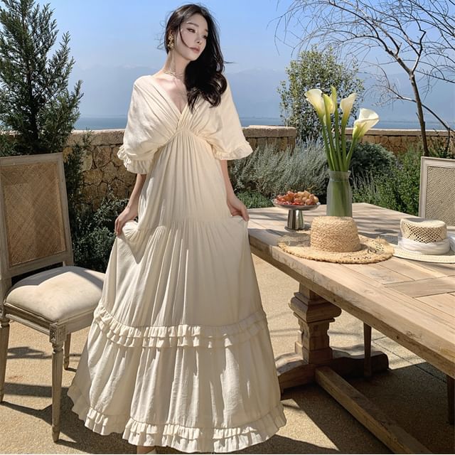 Ruffled Wrap V-Neck Short-Sleeve Maxi A-Line Dress