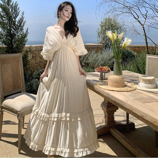 Ruffled Wrap V-Neck Short-Sleeve Maxi A-Line Dress