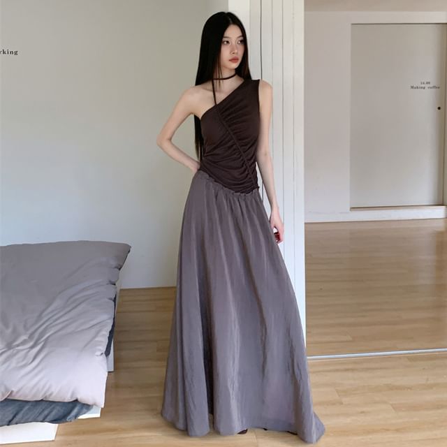 Asymmetric One-Shoulder Ruched Panel Maxi A-Line Dress