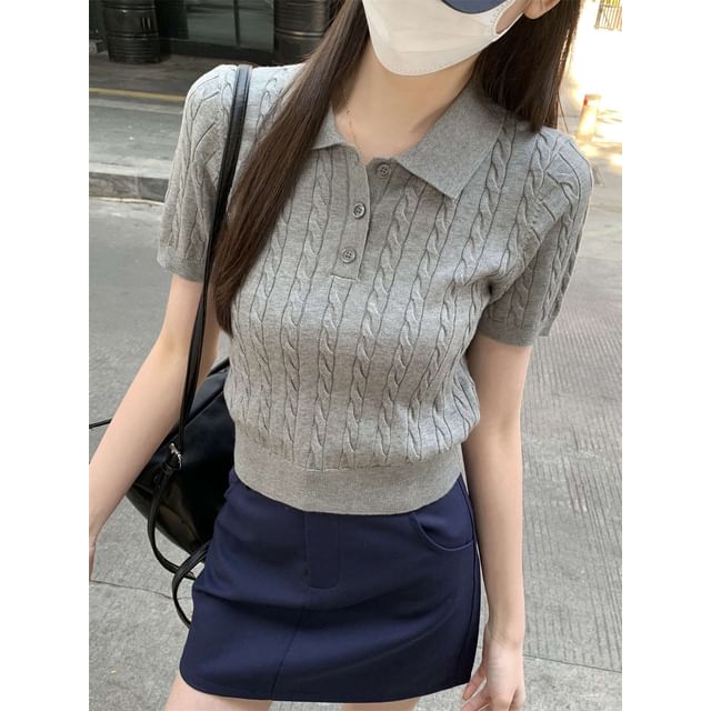 Cable Plain Short-Sleeve Knit Shirt Polo Crop