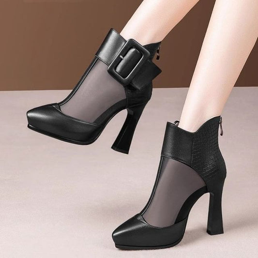 Toe Short Boots Platform Pointed Panel Buckled Mesh