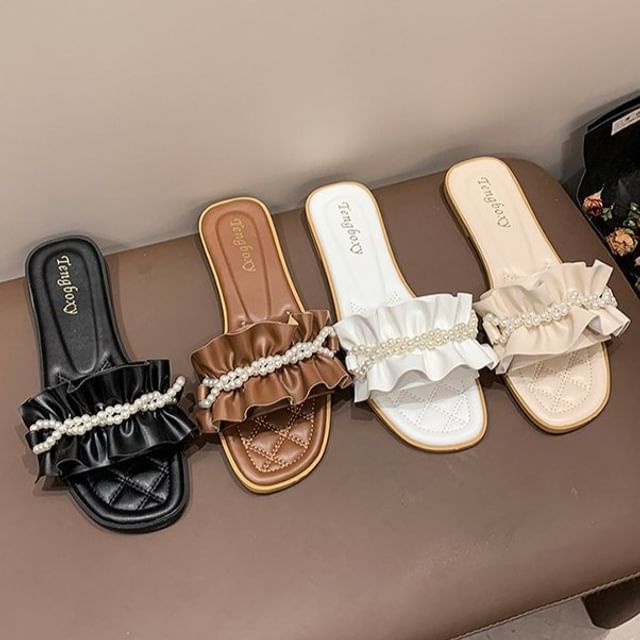 Sandals Slide Faux Pearl Ruffle