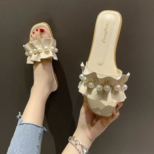 Faux Sandals Slide Ruffle Pearl