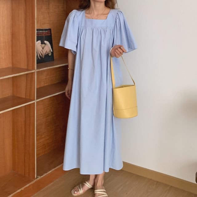 Gathered Square Neck Short Sleeve Maxi A-Line Dress