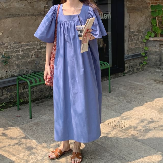 Gathered Square Neck Short Sleeve Maxi A-Line Dress