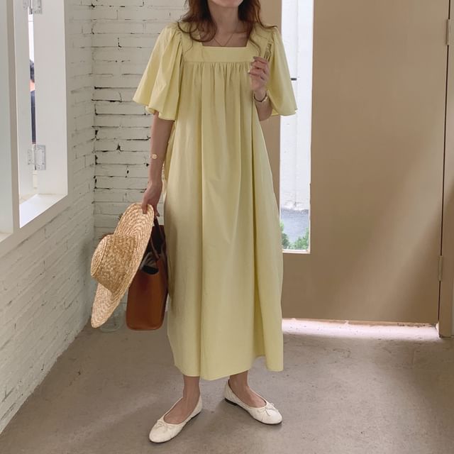 Gathered Square Neck Short Sleeve Maxi A-Line Dress