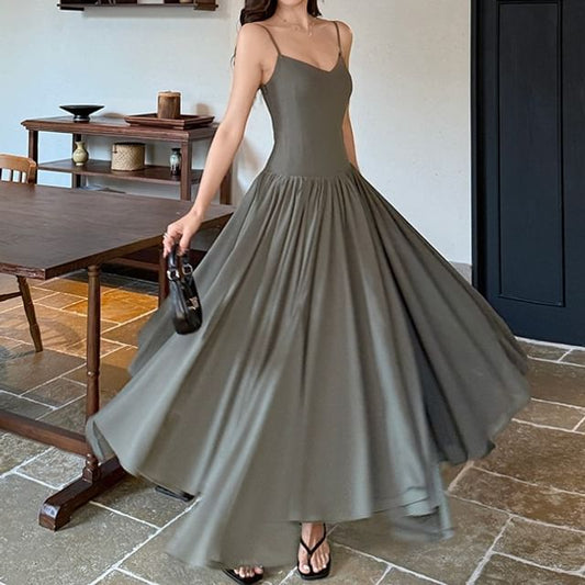 Ruched Open Back Spaghetti Strap V-Neck Maxi A-Line Dress