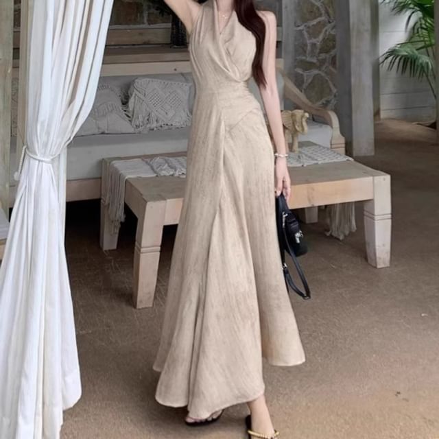 V-Neck Sleeveless Wrap Plain A-Line Maxi Dress
