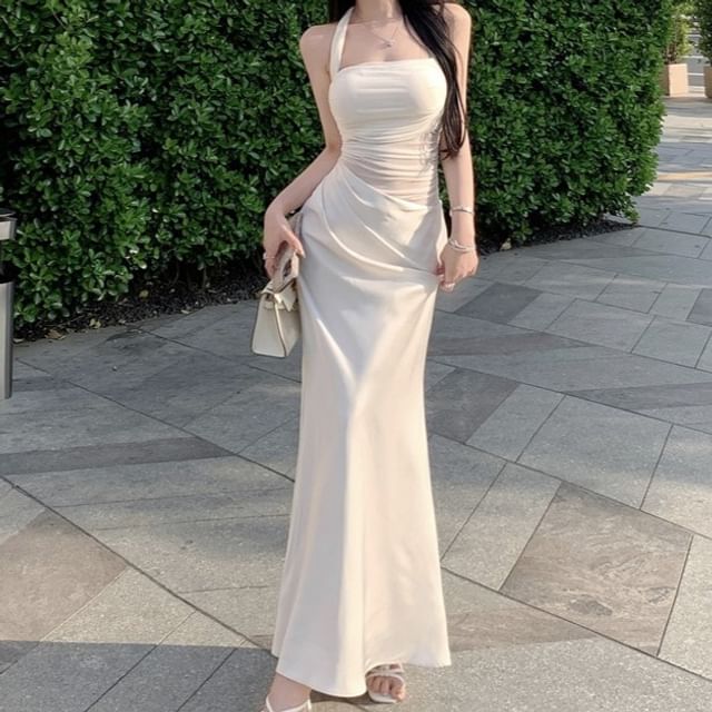 Mesh Panel Halter Neck Ruched Open Back Satin Maxi Mermaid Dress