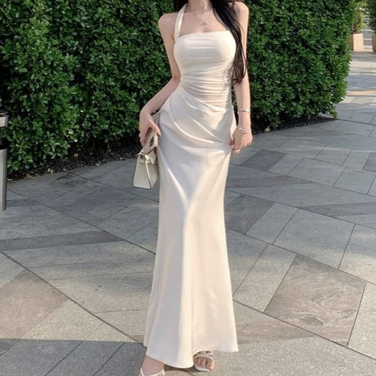 Mesh Panel Halter Neck Ruched Open Back Satin Maxi Mermaid Dress