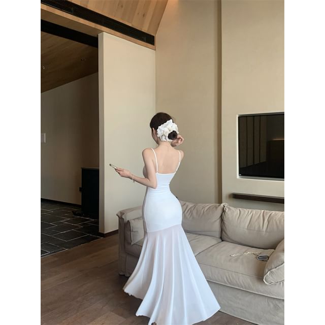 Mesh Panel Spaghetti Strap Scoop Neck Maxi Mermaid Dress