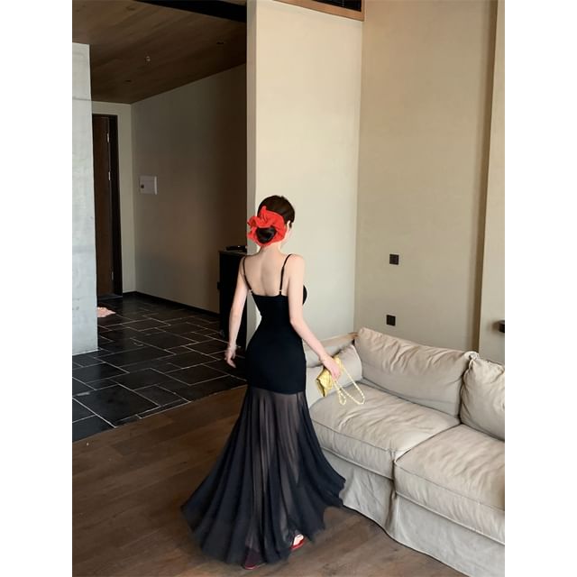 Mesh Panel Spaghetti Strap Scoop Neck Maxi Mermaid Dress