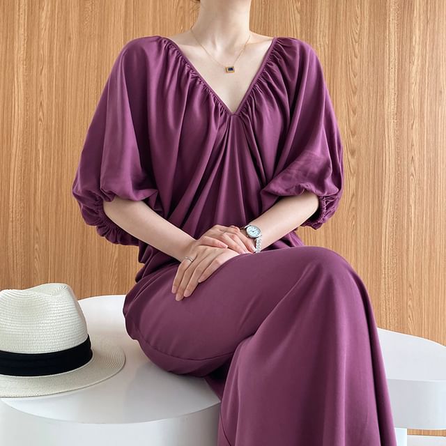 Puff-Sleeve V-Neck Sundress Maxi Length