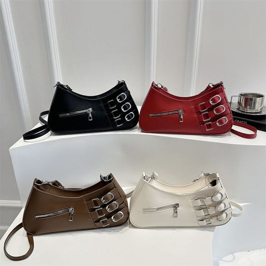 Faux Leather Buckled Zip Shoulder Bag