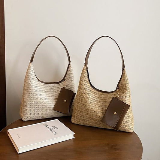 Faux Leather Trim Woven Shoulder Bag