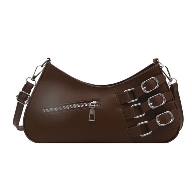 Faux Leather Buckled Zip Shoulder Bag