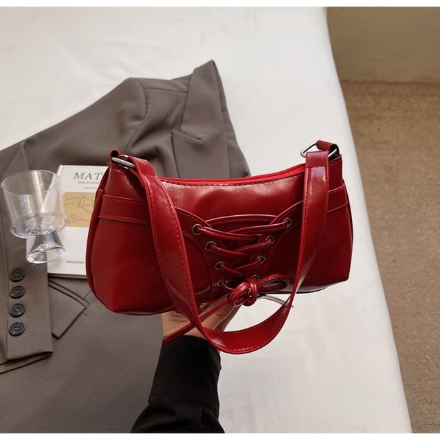 Faux Leather Plain Zip Lace Up Shoulder Bag