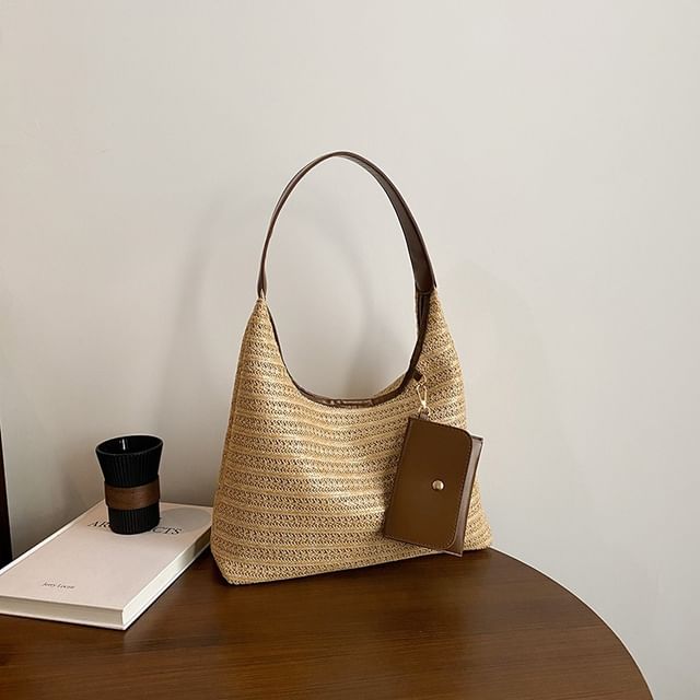 Faux Leather Trim Woven Shoulder Bag