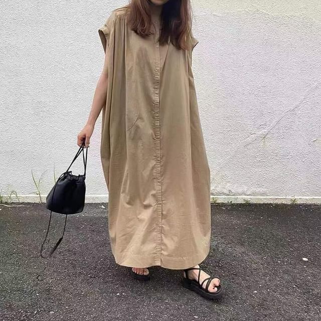 Cap Sleeve Band Collar Plain Maxi Shirt Dress
