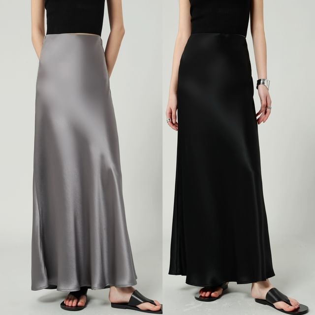 Satin Waist Plain Maxi High Skirt A-Line