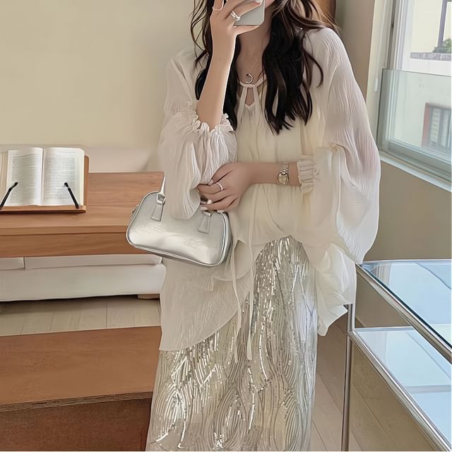 Midi Top Long-Sleeve High Cami Plain Blouse Sequin Tie V-Neck Set Front Rise H-Line Sheer Skirt /