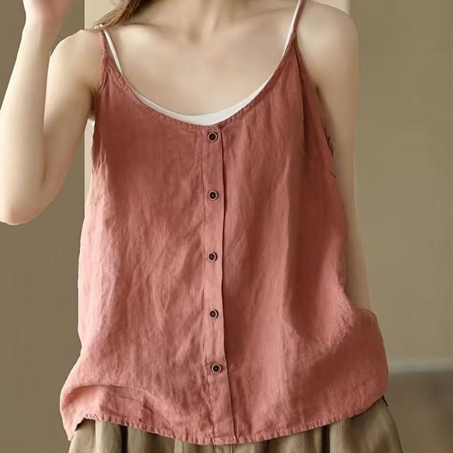 Scoop Neck Buttoned Camisole Top Plain