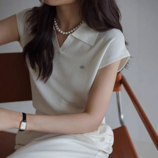 V-Neck Cap-Sleeve Plain Collared Crop Top Knit