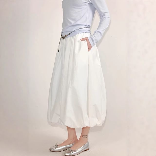 Plain Waist Midi Paperbag Elastic Skirt