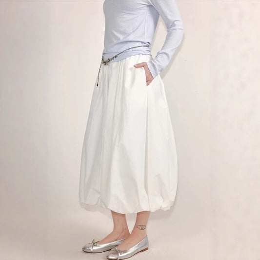 Plain Waist Midi Paperbag Elastic Skirt