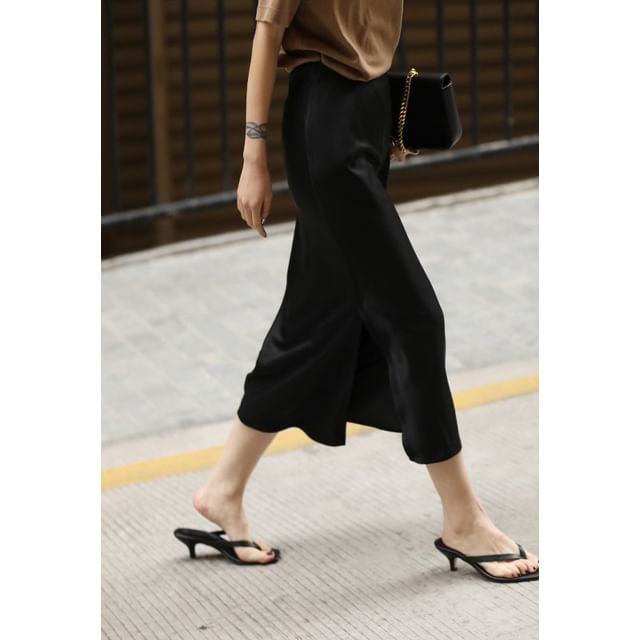 Plain Pencil Satin Slit Skirt High Midi Rise