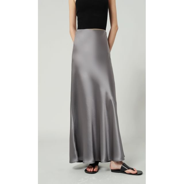 A-Line Plain Maxi Satin High Waist Skirt