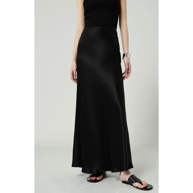 Satin Waist Plain Maxi High Skirt A-Line