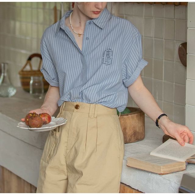 Collared Embroidered Blouse Button-Up Elbow-Sleeve Striped