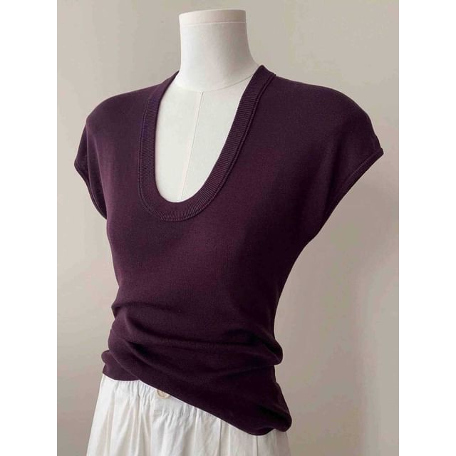 Top Fit Cap-Sleeve Knit Plain Neck Slim Scoop