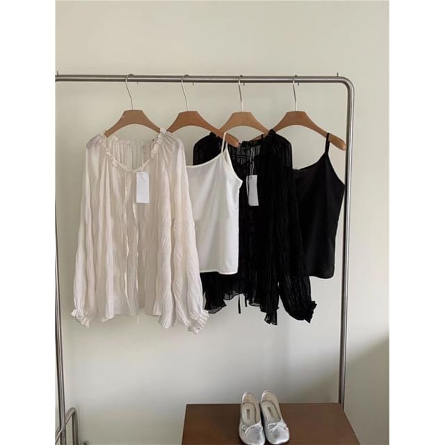 Midi Top Long-Sleeve High Cami Plain Blouse Sequin Tie V-Neck Set Front Rise H-Line Sheer Skirt /