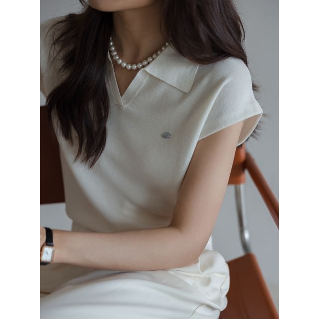 Crop V-Neck Knit Collared Cap-Sleeve Top Plain