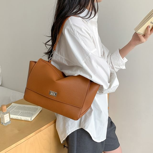 Faux Leather Twist Lock Shoulder Bag