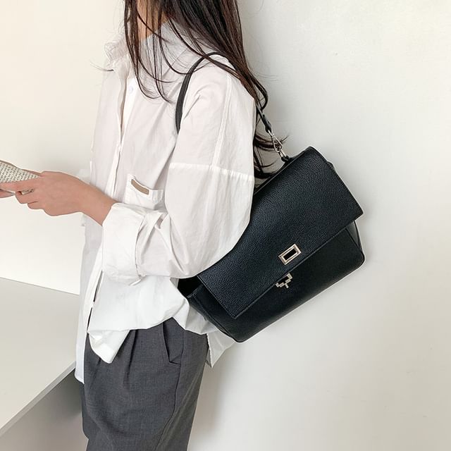 Faux Leather Twist Lock Shoulder Bag